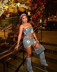 Print Denim Zipper Wrap Chest Two Piece Skirts Set MEM-88568