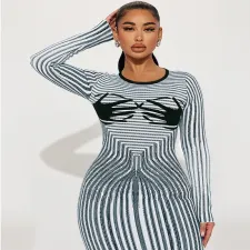 Plus Size Stripe Print Long Sleeve Split Long Dress GDAM-218369