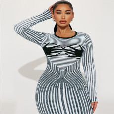 Plus Size Stripe Print Long Sleeve Split Long Dress GDAM-218369