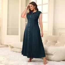 Plus Size Single-breasted Cardigan Denim Maxi Dress GDAM-218381