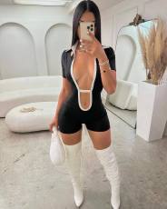 Contrast Color Lapel Tight Romper QXLB-10070