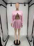Long Sleeve Backless Tops And Pleated Skirt 2 Piece Set QXLB-10080
