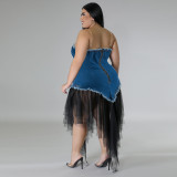 Plus Size Sling Denim Patchwork Mesh Midi Dress GDAM-218376