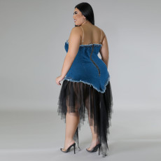 Plus Size Sling Denim Patchwork Mesh Midi Dress GDAM-218376