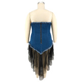 Plus Size Sling Denim Patchwork Mesh Midi Dress GDAM-218376
