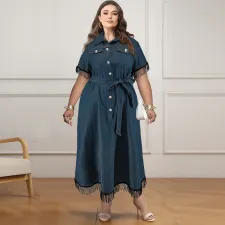 Plus Size Shorts Sleeve Tassel Denim Long Dress GDAM-218383