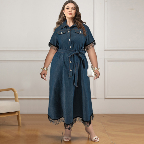 Plus Size Shorts Sleeve Tassel Denim Long Dress GDAM-218383