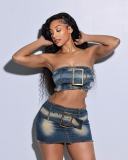 Sexy Wrap Chest Belt Tops Skirts Denim Two Piece Set  MEM-88566