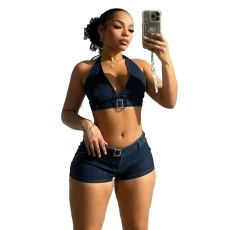 Sexy Halter Crop Tops And Shorts Denim 2 Piece Set MEM-88562