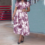 Plus Size Short Sleeve Belt Print Long Dress GDAM-003