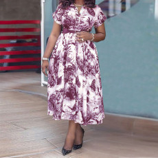 Plus Size Short Sleeve Belt Print Long Dress GDAM-003