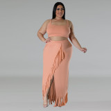 Plus Size Sleeveless Tank And Irregular Tassel Skirt Set GDAM-218388