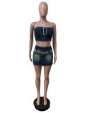 Sexy Wrap Chest Belt Tops Skirts Denim Two Piece Set  MEM-88566