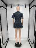 Print Pleated Deep V Neck Romper QXLB-10086