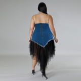 Plus Size Sling Denim Patchwork Mesh Midi Dress GDAM-218376
