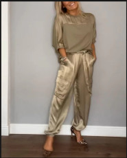 Plus Size Casual Half Sleeve Solid Patchwork 2 Piece Set LS-0407