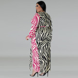 Plus Size Print Color Block Tie Up Midi Dress GDAM-218331