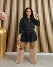 Long Sleeve Backless Tops And Pleated Skirt 2 Piece Set QXLB-10080
