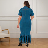 Plus Size Zipper Short Sleeve Denim Long Dress GDAM-218353