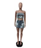 Print Denim Zipper Wrap Chest Two Piece Skirts Set MEM-88568