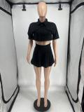 Solid Color Short Sleeve Tops 2 Piece Skirts Set QXLB-10071