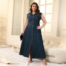 Plus Size Single-breasted Cardigan Denim Maxi Dress GDAM-218381