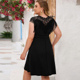 Plus Size Lace Patchwork O Neck Tassel Midi Dress GDAM-218371