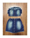 Sexy Wrap Chest Belt Tops Skirts Denim Two Piece Set  MEM-88566