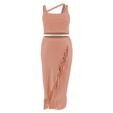 Plus Size Sleeveless Tank And Irregular Tassel Skirt Set GDAM-218388