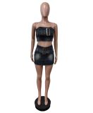 Sexy Wrap Chest Belt Tops Skirts Denim Two Piece Set  MEM-88566