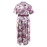 Plus Size Short Sleeve Belt Print Long Dress GDAM-003