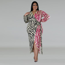 Plus Size Print Color Block Tie Up Midi Dress GDAM-218331
