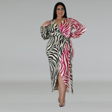 Plus Size Print Color Block Tie Up Midi Dress GDAM-218331