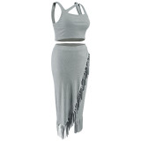 Plus Size Sleeveless Tank And Irregular Tassel Skirt Set GDAM-218388