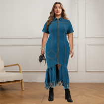 Plus Size Zipper Short Sleeve Denim Long Dress GDAM-218353