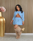 Long Sleeve Backless Tops And Pleated Skirt 2 Piece Set QXLB-10080