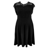 Plus Size Lace Patchwork O Neck Tassel Midi Dress GDAM-218371