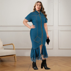 Plus Size Zipper Short Sleeve Denim Long Dress GDAM-218353