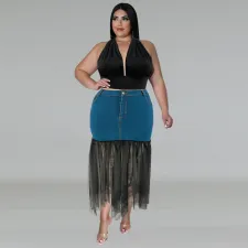 Plus Size Denim Patchwork Mesh Long Skirts GDAM-218393