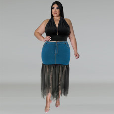 Plus Size Denim Patchwork Mesh Long Skirts GDAM-218393