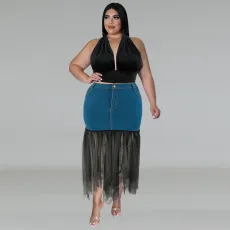 Plus Size Denim Patchwork Mesh Long Skirts GDAM-218393