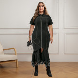 Plus Size Zipper Short Sleeve Denim Long Dress GDAM-218353