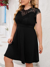 Plus Size Lace Patchwork O Neck Tassel Midi Dress GDAM-218371
