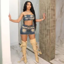 Sexy Wrap Chest Belt Tops Skirts Denim Two Piece Set  MEM-88566