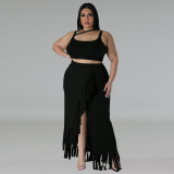 Plus Size Sleeveless Tank And Irregular Tassel Skirt Set GDAM-218388
