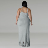 Plus Size Sleeveless Tank And Irregular Tassel Skirt Set GDAM-218388