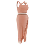 Plus Size Sleeveless Tank And Irregular Tassel Skirt Set GDAM-218388