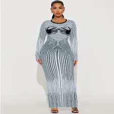 Plus Size Stripe Print Long Sleeve Split Long Dress GDAM-218369
