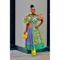 Fashion Short Sleeve Lapel Print Maxi Dress QYXZ-9169