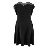 Plus Size Lace Patchwork O Neck Tassel Midi Dress GDAM-218371